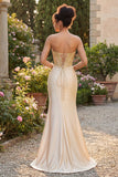 Sweetheart Champagne Beaded Mermaid Corset Long Prom Dress with Slit