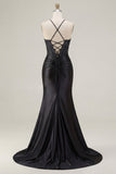 Black Beaded Mermaid Corset Ruched Long Prom Dress with Slit