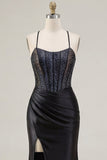 Black Beaded Mermaid Corset Ruched Long Prom Dress with Slit