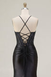 Black Beaded Mermaid Corset Ruched Long Prom Dress with Slit