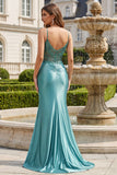 Blue Mermaid Corset Appliqued Long Prom Dress with Slit