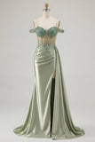 Cold Shoulder Light Green Mermaid Sequin Corset Long Prom Dress with Slit