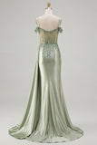 Cold Shoulder Light Green Mermaid Sequin Corset Long Prom Dress with Slit