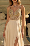 Champagne Sequin A Line Sheer Corset Long Prom Dress with Slit