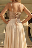 Champagne Sequin A Line Sheer Corset Long Prom Dress with Slit