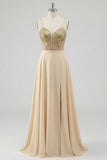 Champagne Sequin A Line Sheer Corset Long Prom Dress with Slit