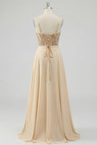 Champagne Sequin A Line Sheer Corset Long Prom Dress with Slit