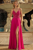 Rose A Line Lace Up Back Spaghetti Straps Long Prom Dress with Slit