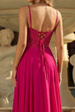 Rose A Line Lace Up Back Spaghetti Straps Long Prom Dress with Slit