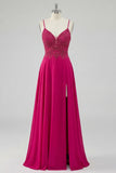 Rose A Line Lace Up Back Spaghetti Straps Long Prom Dress with Slit