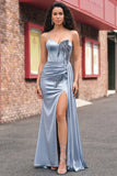 Dusty Blue Corset Mermaid Lace Up Back Long Prom Dress with Slit