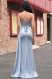 Dusty Blue Corset Mermaid Lace Up Back Long Prom Dress with Slit