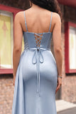 Dusty Blue Corset Mermaid Lace Up Back Long Prom Dress with Slit