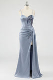 Dusty Blue Corset Mermaid Lace Up Back Long Prom Dress with Slit