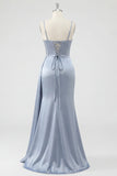 Dusty Blue Corset Mermaid Lace Up Back Long Prom Dress with Slit