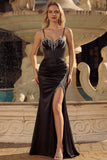 Black Beaded Corset Mermaid Lace Up Back Long Prom Dress With Slit
