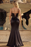 Black Beaded Corset Mermaid Lace Up Back Long Prom Dress With Slit
