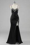Black Beaded Corset Mermaid Lace Up Back Long Prom Dress With Slit