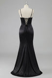 Black Beaded Corset Mermaid Lace Up Back Long Prom Dress With Slit