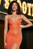 Sparkly Mermaid Spaghetti Straps Orange Sequins Prom Dress with Split Front