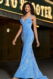 Sparkly Blue Spaghetti Straps Long Mermaid Prom Dress With Sequins