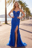 Mermaid Spaghetti Straps Royal Blue Sequins Long Prom Dress with Split Front