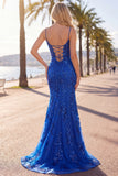 Mermaid Spaghetti Straps Royal Blue Sequins Long Prom Dress with Split Front