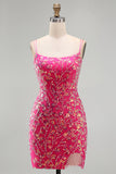 Sparkly Fuchsia Sequins Bodycon Beaded Short Homecoming Dress with Slit
