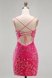 Sparkly Fuchsia Sequins Bodycon Beaded Short Homecoming Dress with Slit