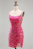 Sparkly Fuchsia Sequins Bodycon Beaded Short Homecoming Dress with Slit