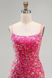 Sparkly Fuchsia Sequins Bodycon Beaded Short Homecoming Dress with Slit
