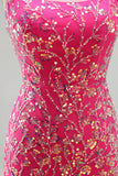 Sparkly Fuchsia Sequins Bodycon Beaded Short Homecoming Dress with Slit