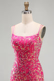 Sparkly Fuchsia Sequins Bodycon Beaded Short Homecoming Dress with Slit