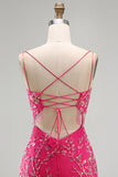Sparkly Fuchsia Sequins Bodycon Beaded Short Homecoming Dress with Slit