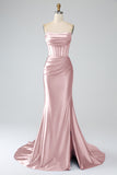 Blush Pink Mermaid Strapless Pleated Corset Long Prom Dress with Slit