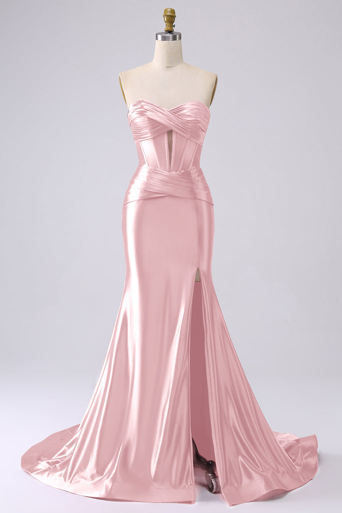 Strapless Pleated Mermaid Sweep Train Slit Dress Fuchsia