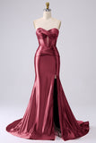 Sparkly Fuchsia Mermaid Sweetheart Corset Long Prom Dress with Slit