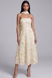 Serene Sky Powder Blue 3D Floral Appliqué Strapless Midi Dress with Chiffon Scarf