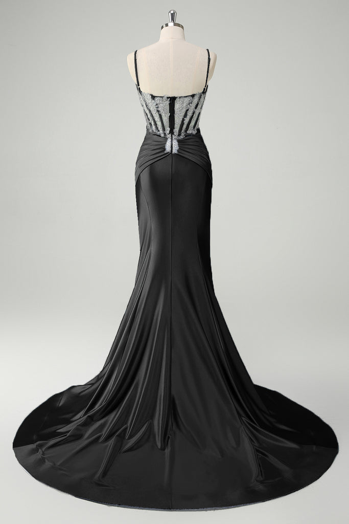 Split Front Blue V-Neck Spaghetti Straps Mermaid Prom Dress with Cascading Ruffles main image 1