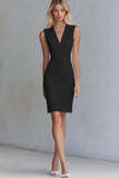 Ivory Bodycon Satin V-Neck Short Work Dress