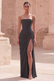 Light Pink Strapless Sheath Ruched Long Prom Dress with Slit