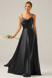 Dusty Sage A Line Cowl Neck Satin Long Prom Dress with Pleated