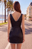 Black Bodycon V-Neck Ruched Mini Homecoming Dress with Beading