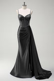 Dark Green Beaded Mermaid Corset Satin Plus Size Long Prom Dress with Slit