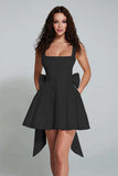 Ivory A Line Square Neck Backless Short Homecoming Dress with Back Giant Bow