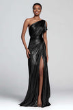 Brown Metallic Sheath One Shoulder Long Formal Dress