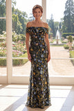 Blue Off the Shoulder Multi Floral Mermaid Tulle Embroidered Mother Of the Bride Dress
