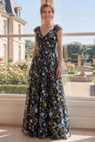 Green A-Line Tulle Embroidered V-Neck Long Mother Of the Bride Dress