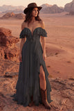 Ivory Off the Shoulder A Line Maxi Beach Wedding Dress with Ruffles