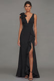 Dark Green Sheath V-Neck Ruffled Ruched Long Formal Dress with Slit